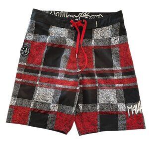 Maui Board Shorts‎ Mens Sz 34 Black White Red Check Surf Swim Wear Trunks